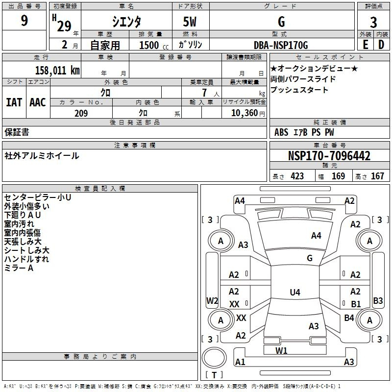Аукционный лист TOYOTA SIENTA 2017