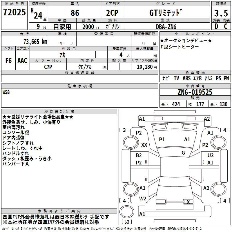 Аукционный лист TOYOTA 86 2012