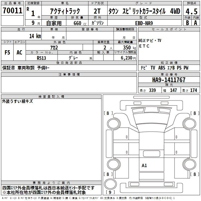 Аукционный лист HONDA ACTY TRUCK 2019
