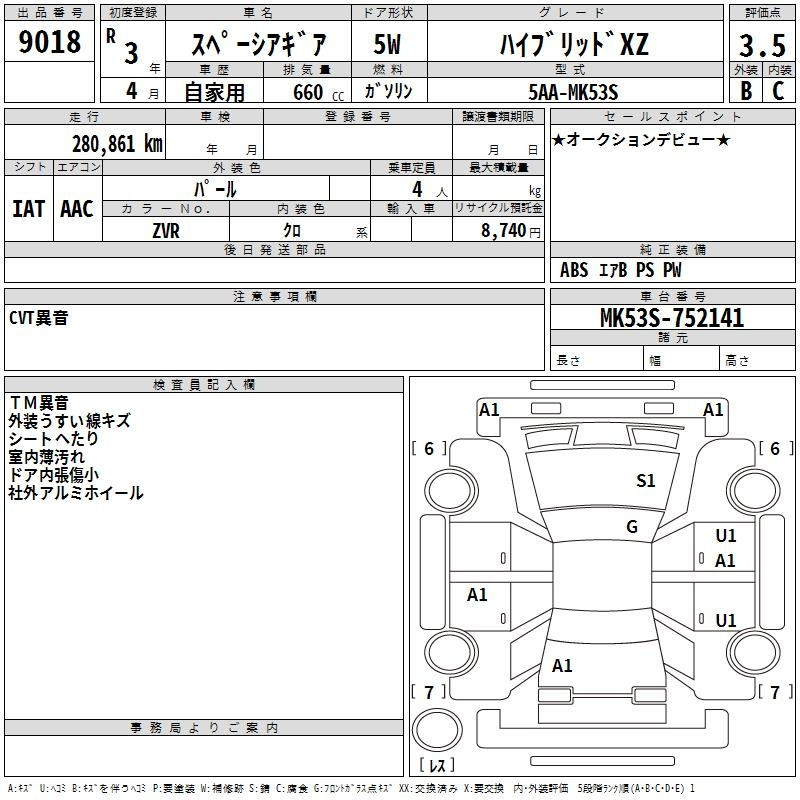 Аукционный лист SUZUKI SPACIA GEAR 2021