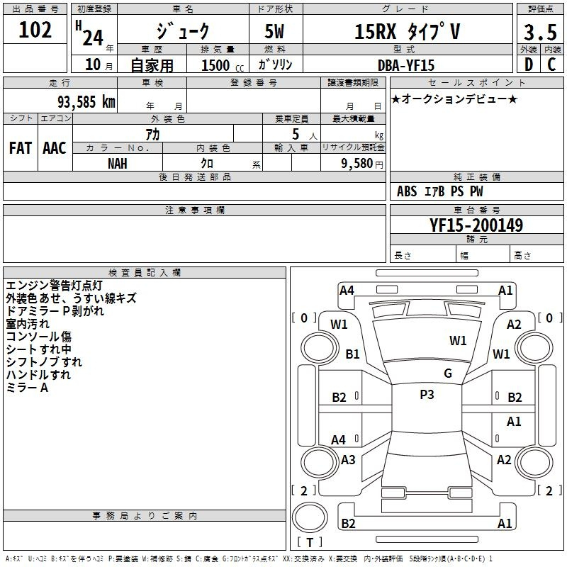 Аукционный лист NISSAN JUKE 2012