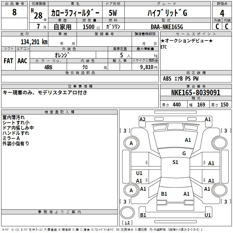Аукционный лист TOYOTA COROLLA FIELDER 2016