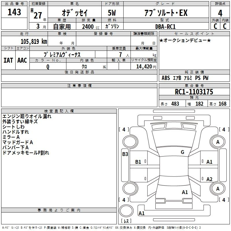 Аукционный лист HONDA ODYSSEY 2015
