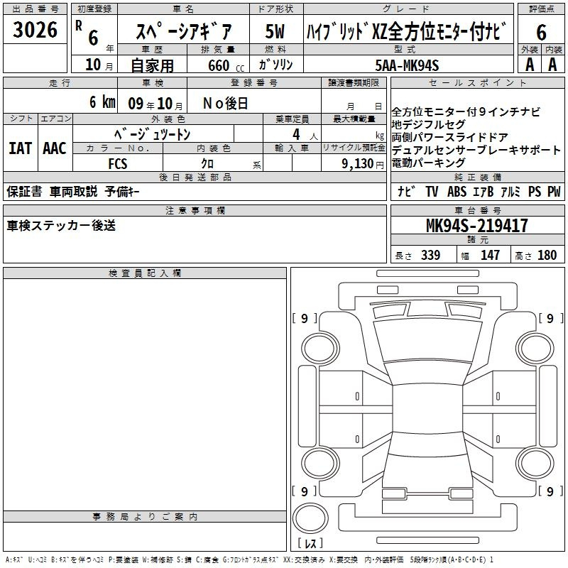 Аукционный лист SUZUKI SPACIA GEAR 2024
