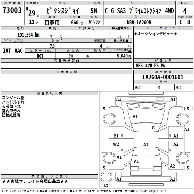 Аукционный лист TOYOTA PIXIS JOY 2017