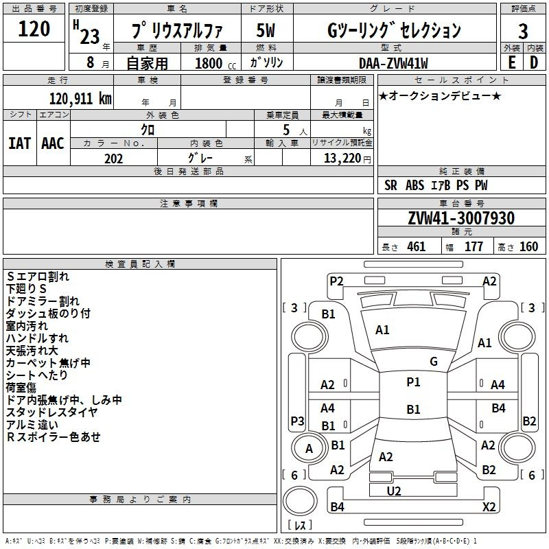 Аукционный лист TOYOTA PRIUS ALPHA 2011