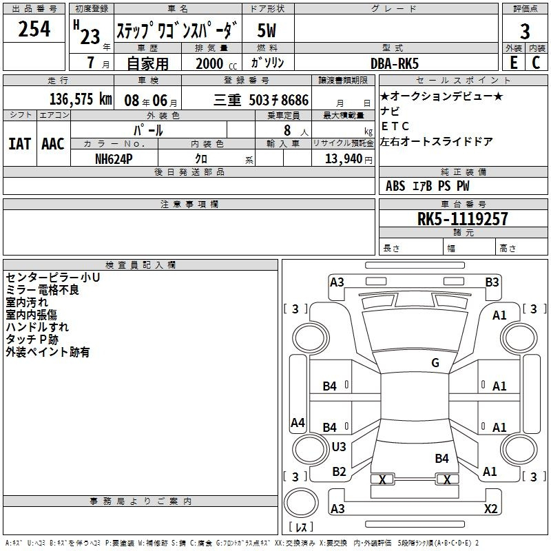 Аукционный лист HONDA STEP WAGON 2011