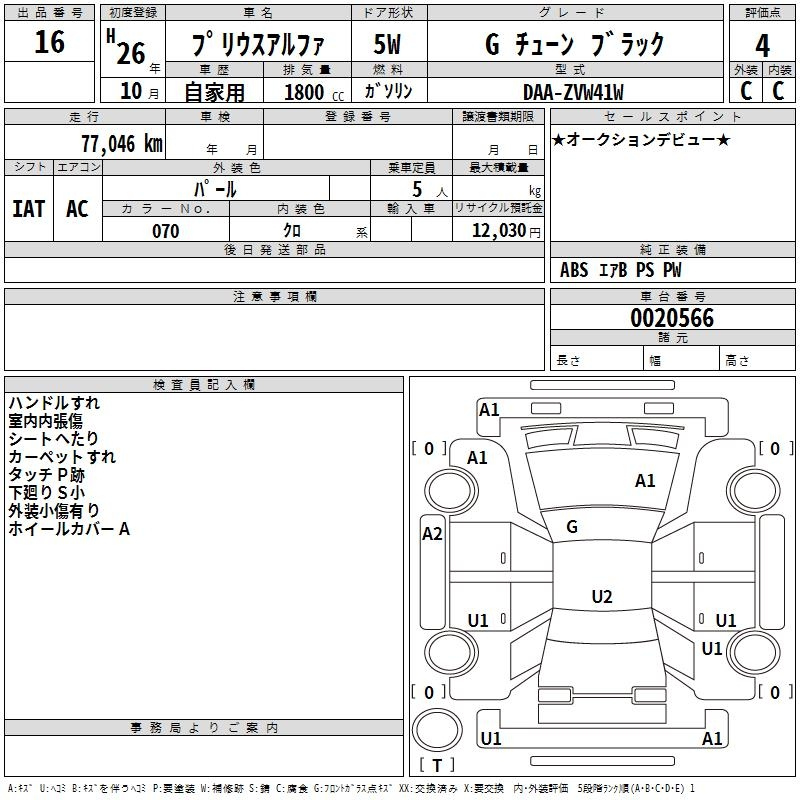 Аукционный лист TOYOTA PRIUS ALPHA 2014
