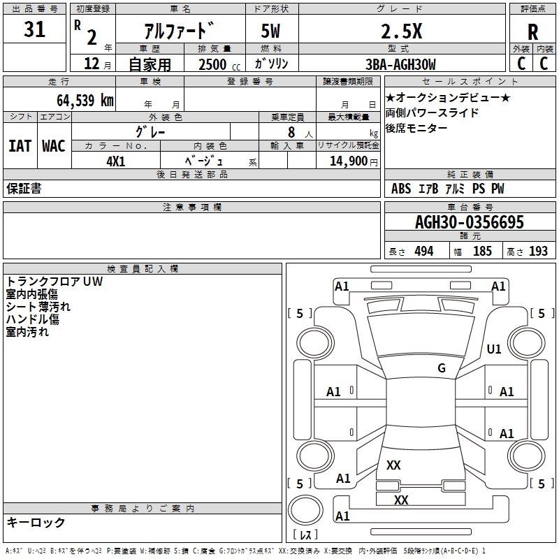 Аукционный лист TOYOTA ALPHARD 2020