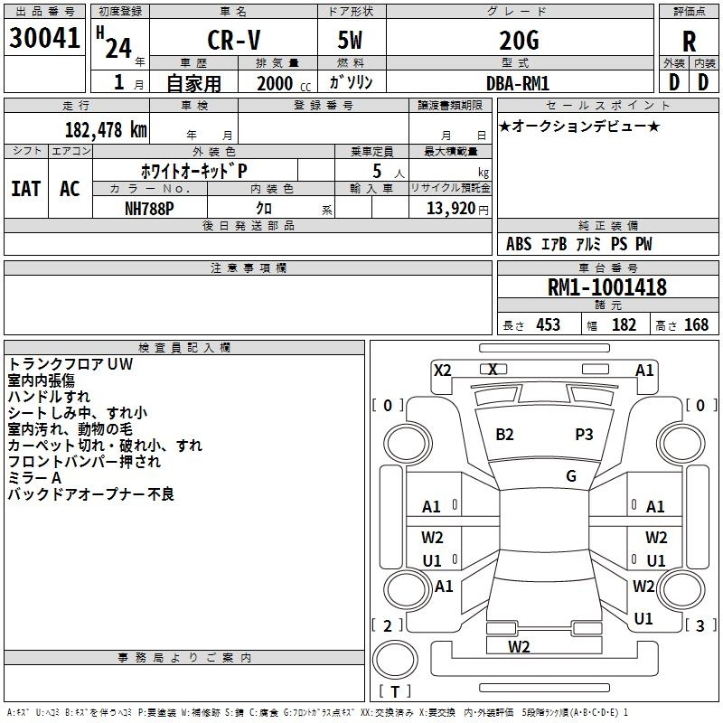Аукционный лист HONDA CR-V 2012