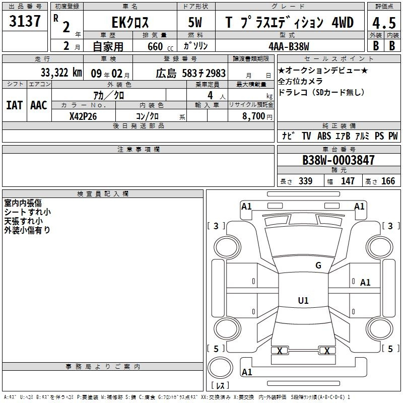 Аукционный лист MITSUBISHI EK X 2020