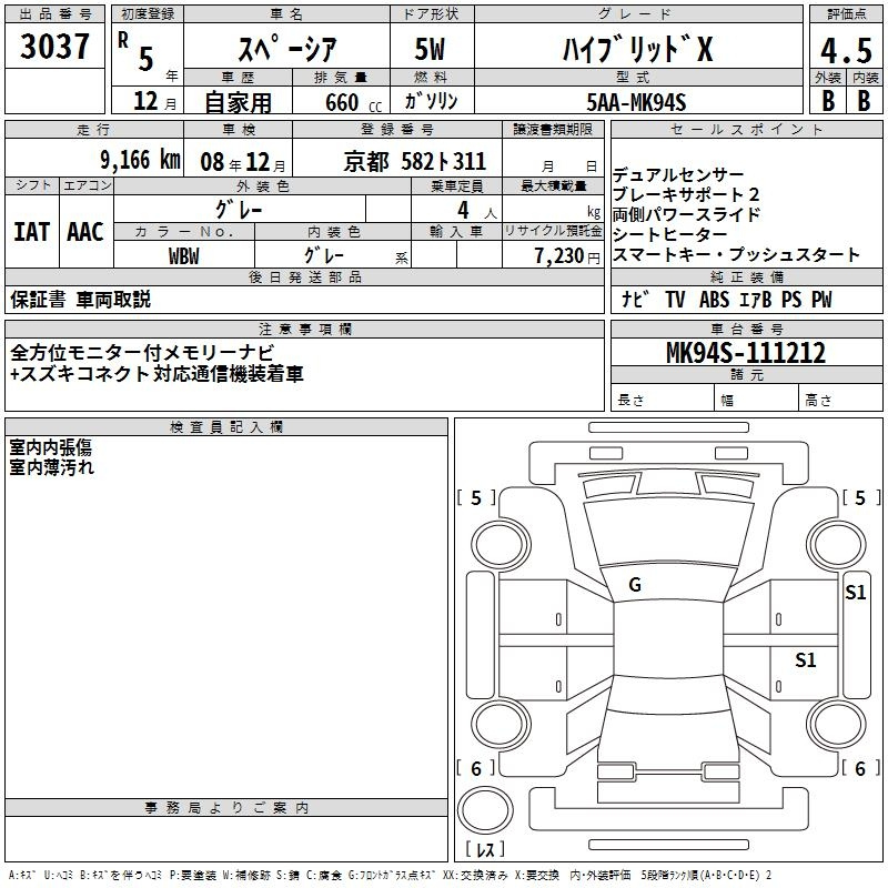 Аукционный лист SUZUKI SPACIA 2023