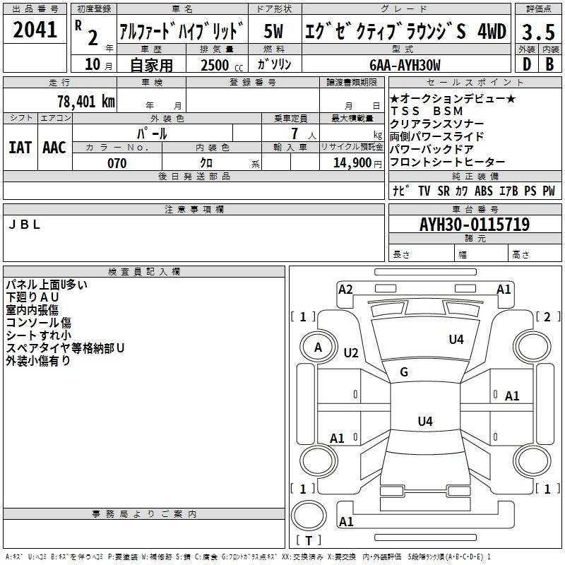 Аукционный лист TOYOTA ALPHARD 2020