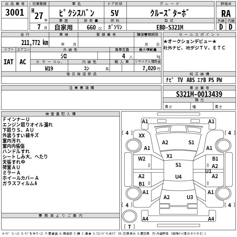 Аукционный лист TOYOTA PIXIS VAN 2015