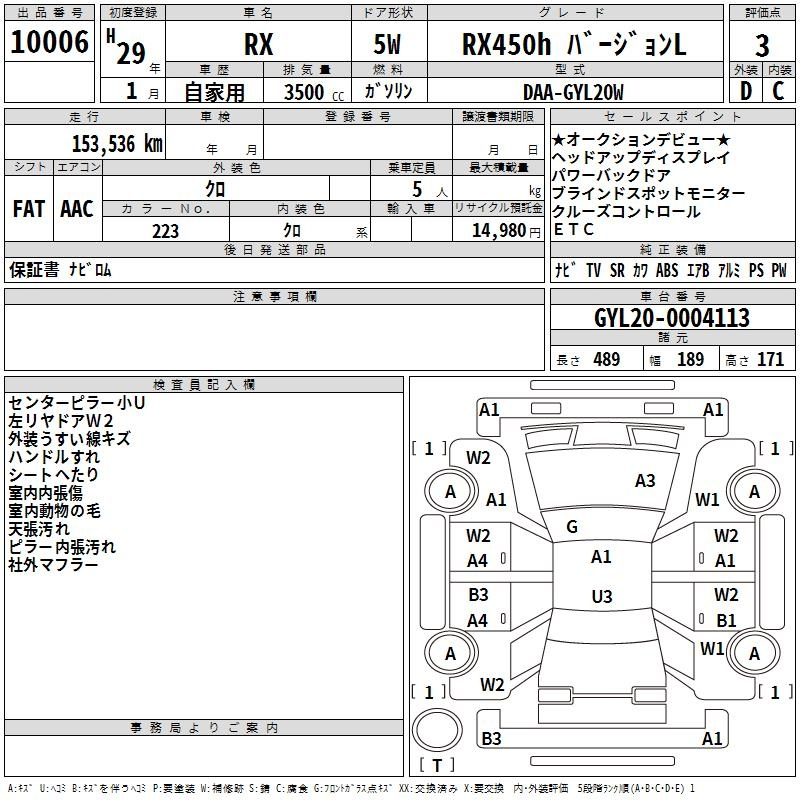 Аукционный лист LEXUS RX 2017