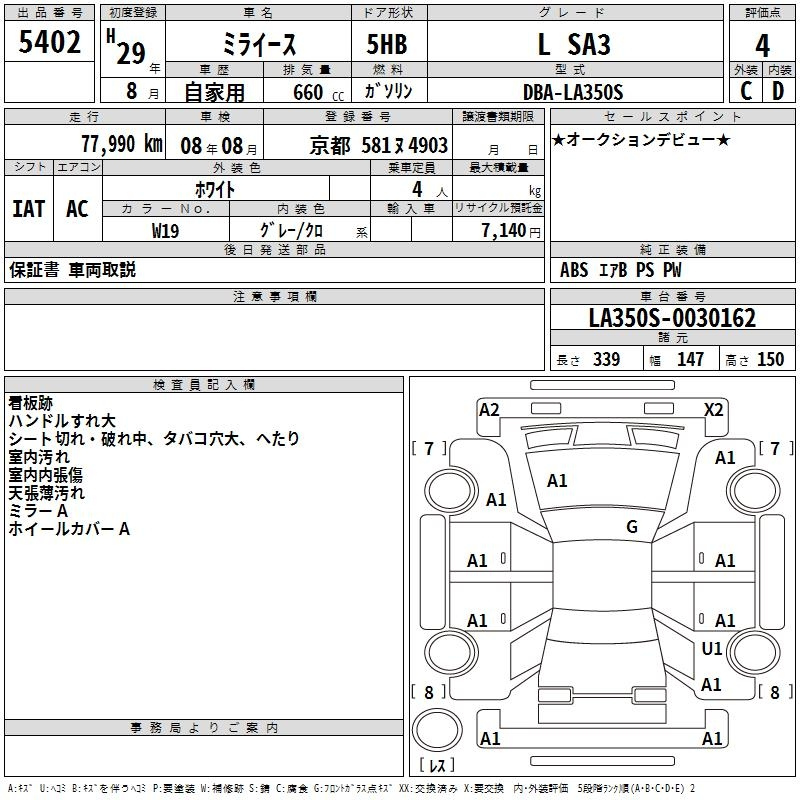 Аукционный лист DAIHATSU MIRA E S 2017