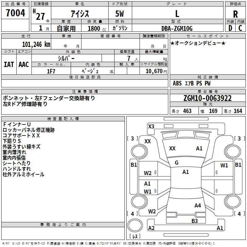 Аукционный лист TOYOTA ISIS 2015