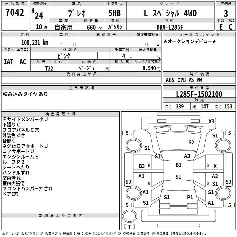 Аукционный лист SUBARU PLEO 2012