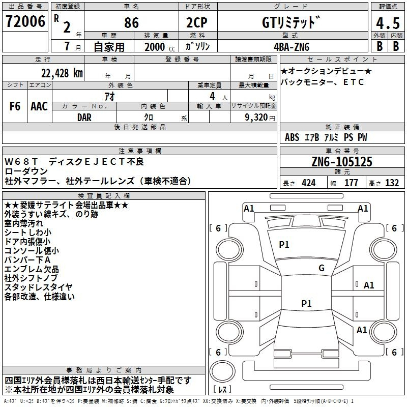 Аукционный лист TOYOTA 86 2020