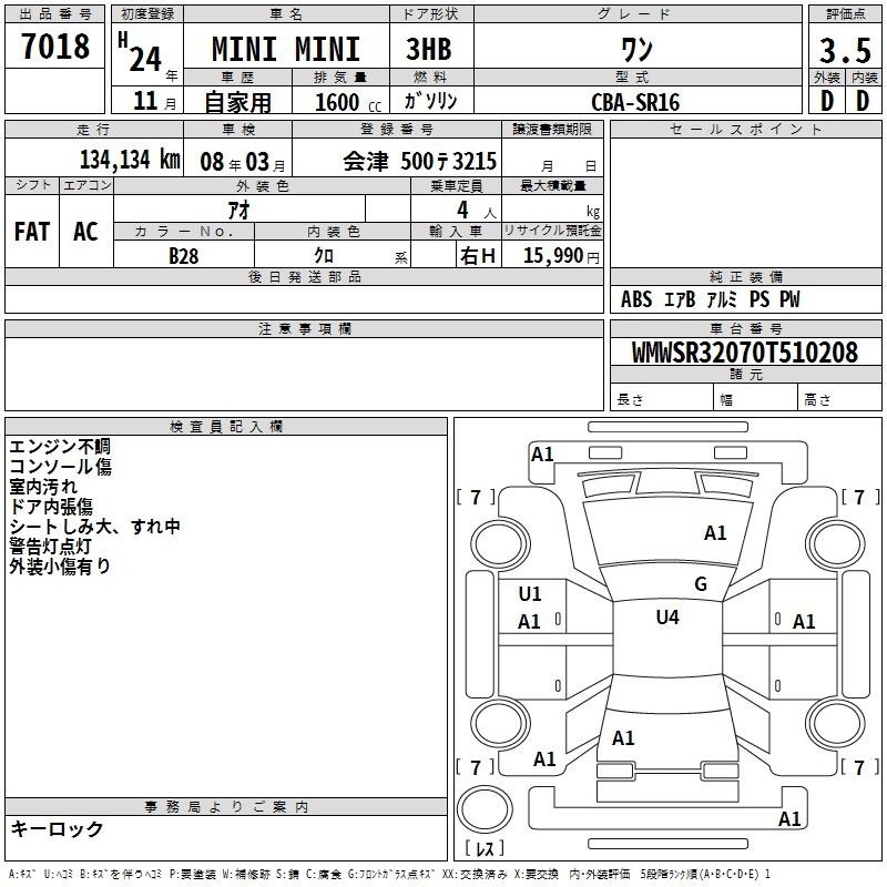 Аукционный лист BMW MINI 2012