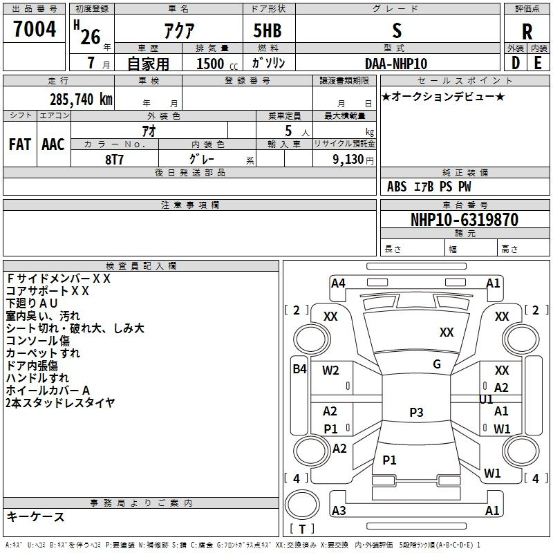 Аукционный лист TOYOTA AQUA 2014