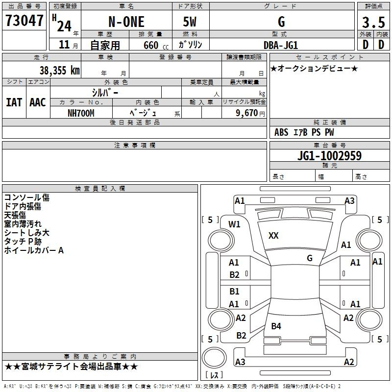 Аукционный лист HONDA N ONE 2012