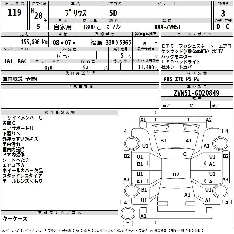 Аукционный лист TOYOTA PRIUS 2016