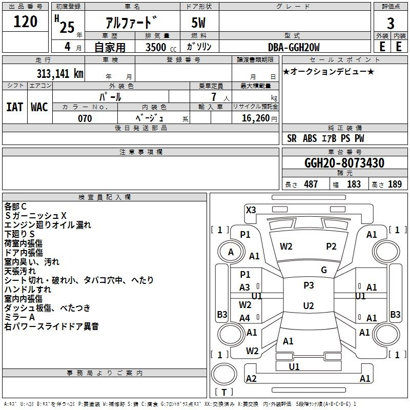 Аукционный лист TOYOTA ALPHARD 2013