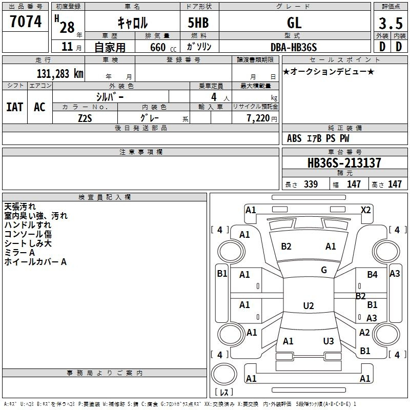 Аукционный лист MAZDA CAROL 2016