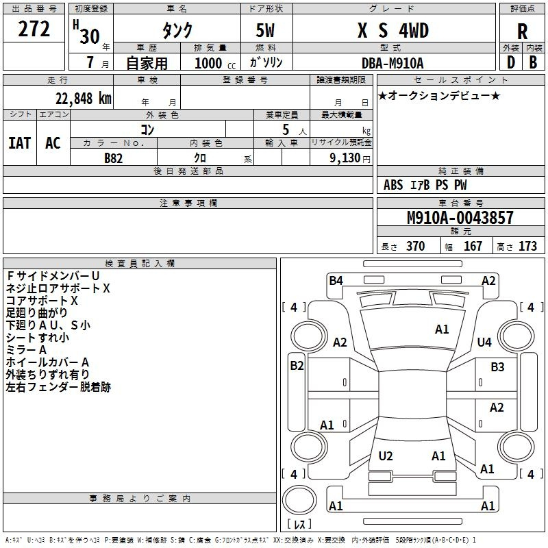 Аукционный лист TOYOTA TANK 2018