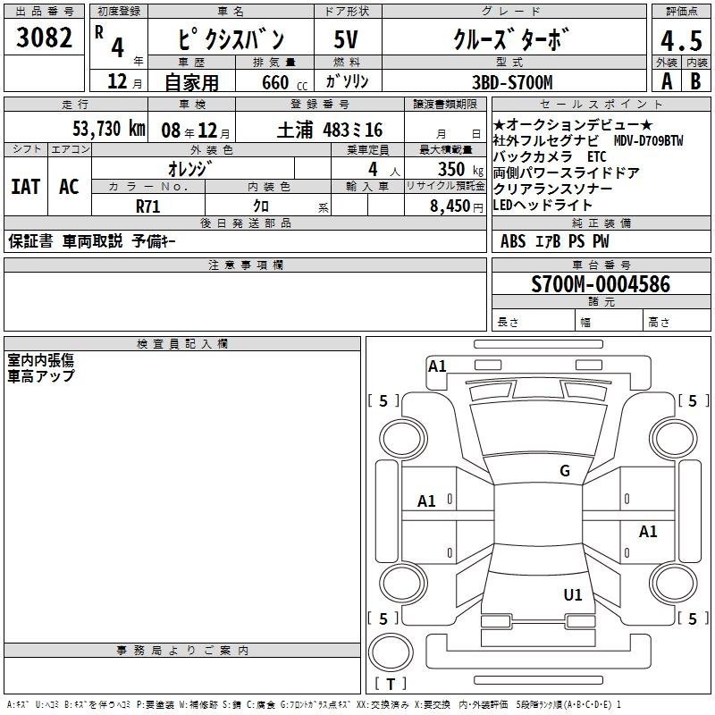 Аукционный лист TOYOTA PIXIS VAN 2022