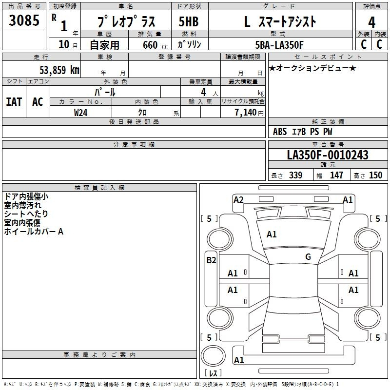 Аукционный лист SUBARU PLEO PLUS 2019