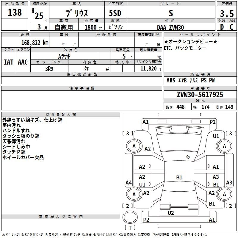 Аукционный лист TOYOTA PRIUS 2013