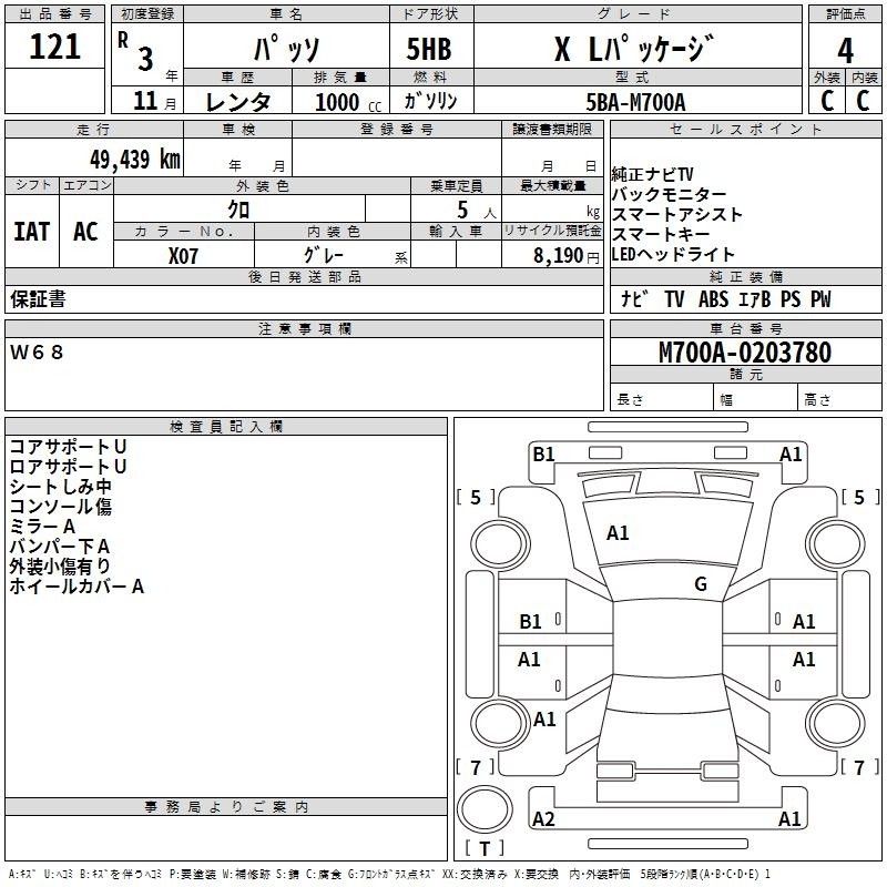 Аукционный лист TOYOTA PASSO 2021