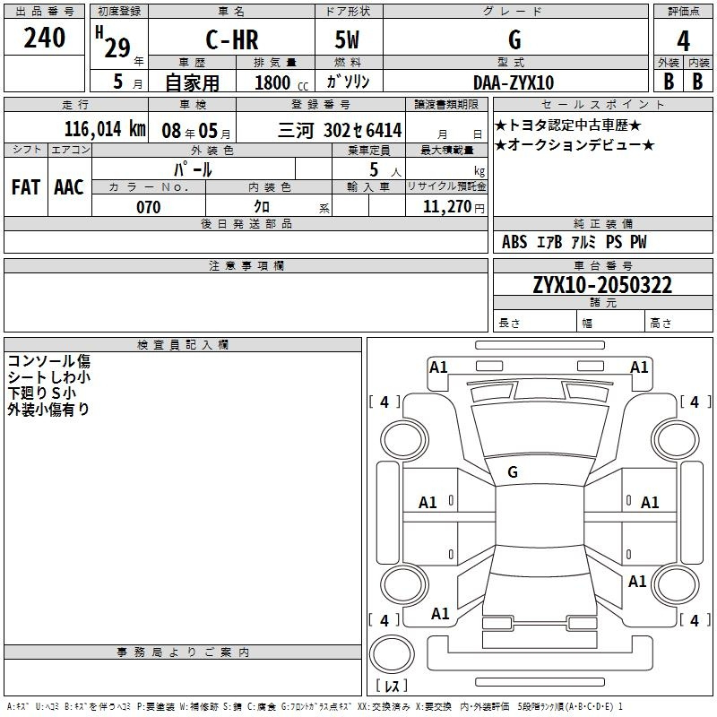 Аукционный лист TOYOTA C-HR 2017