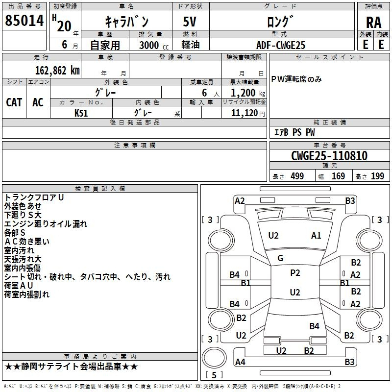 Аукционный лист NISSAN CARAVAN VAN 2008
