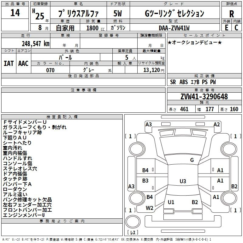Аукционный лист TOYOTA PRIUS ALPHA 2013