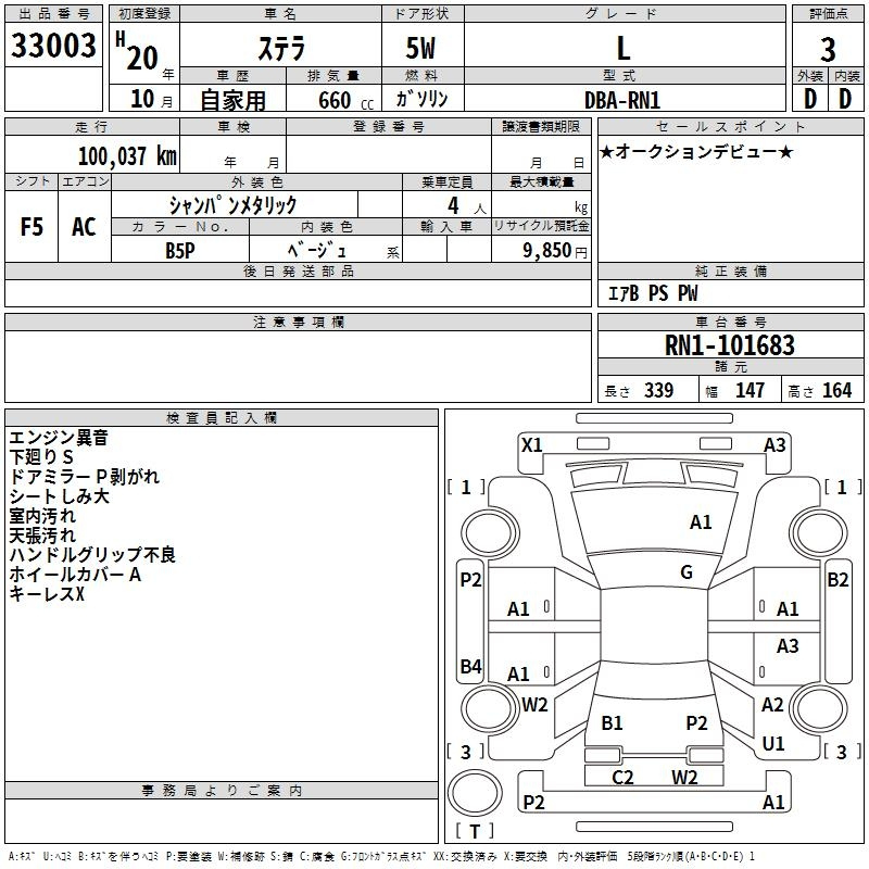 Аукционный лист SUBARU STELLA 2008