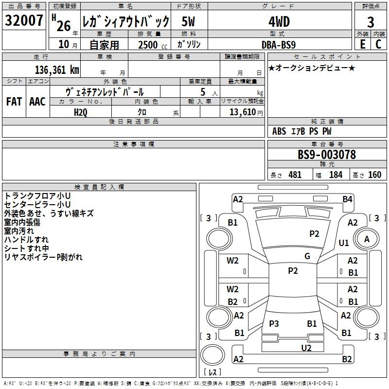 Аукционный лист SUBARU LEGACY OUTBACK 2014