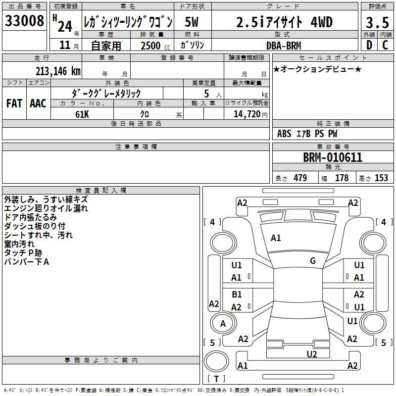 Аукционный лист SUBARU LEGACY 2012