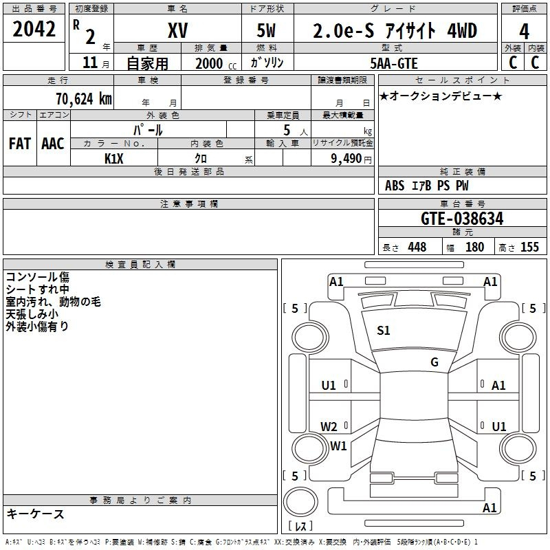 Аукционный лист SUBARU XV 2020