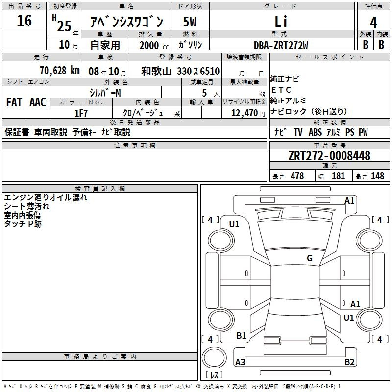 Аукционный лист TOYOTA AVENSIS WAGON 2013