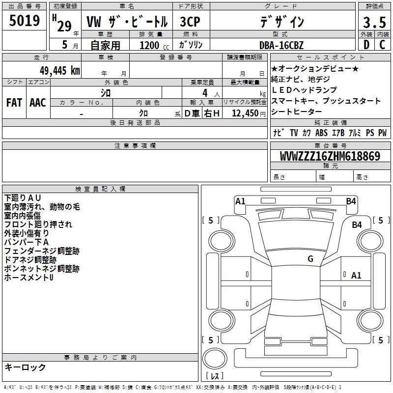 Аукционный лист VOLKSWAGEN THE BEETLE 2017