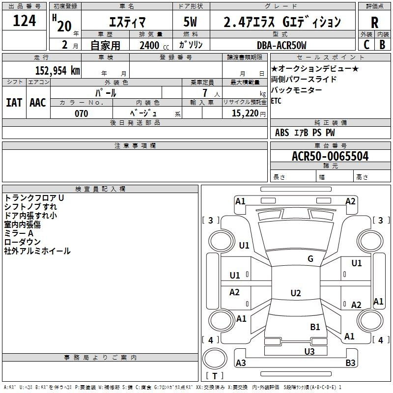 Аукционный лист TOYOTA ESTIMA 2008