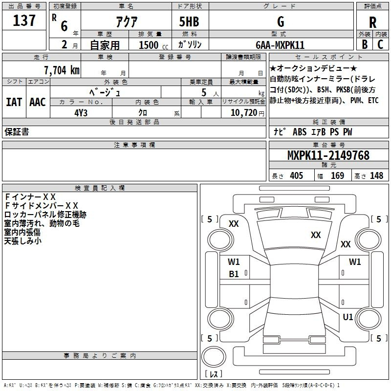 Аукционный лист TOYOTA AQUA 2024