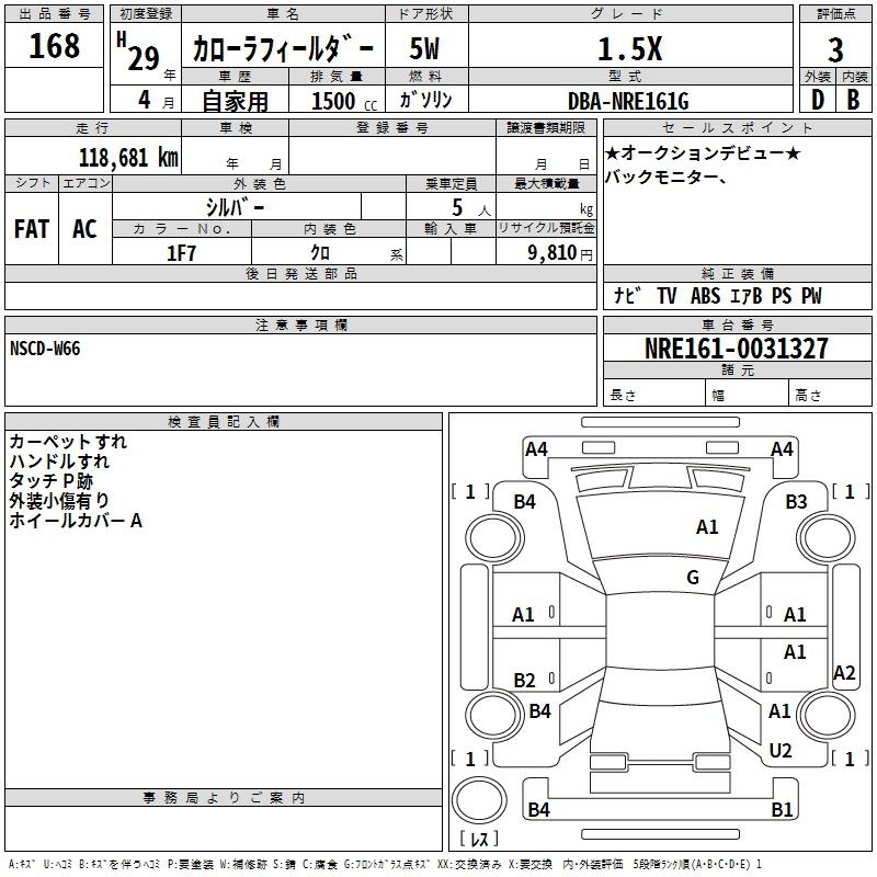 Аукционный лист TOYOTA COROLLA FIELDER 2017