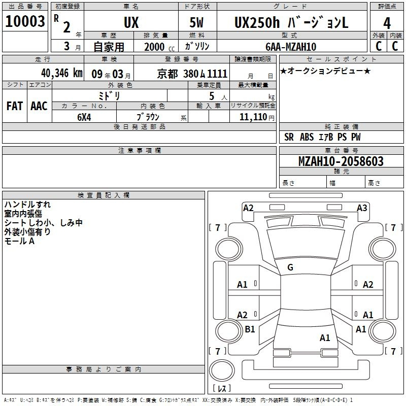 Аукционный лист LEXUS UX 2020