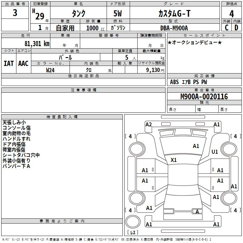 Аукционный лист TOYOTA TANK 2017