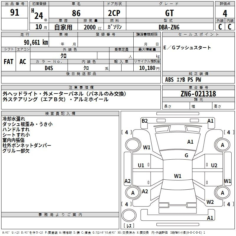 Аукционный лист TOYOTA 86 2012