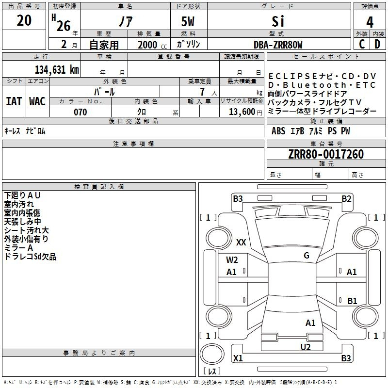 Аукционный лист TOYOTA NOAH 2014